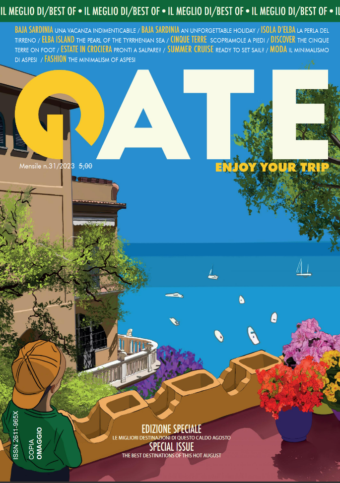 Gate magazine no. 31 cover illustrated by Sakina Zeghloul: a child gazing at the horizon from a rooftop, bathed in the soft light of the Riviera, 2023